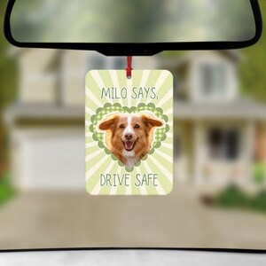 May include: A rectangular car air freshener hanging from a rearview mirror. The design features a light green sunburst background, a green gingham heart, and a photo of a brown and white dog. The text reads, "MILO SAYS, DRIVE SAFE" in dark green.