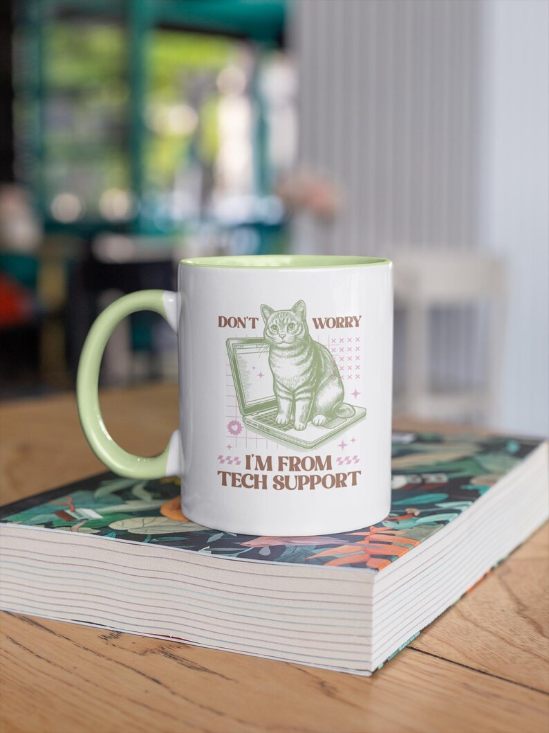 Funny Tech Support Cat Mug, Funny Work Mug, Funny Office Mug, Work Colleague Gift, Cat Lover Gifts, Funny Cat Mug, Fun Secret Santa, IT Mug BABY GREEN