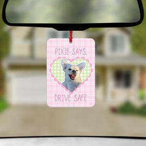 May include: A rectangular car air freshener featuring a pink and white checkered background. A central green and white checkered heart frame contains a photograph of a white dog with its mouth open. The text reads PIXIE SAYS, DRIVE SAFE.