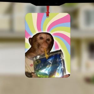 Op de afbeelding: Rechthoekig ornament met een aap die uit een pakje sap drinkt. De aap is bruin met een licht gezicht, tegen een kleurrijke, wervelende achtergrond van roze, blauw, groen en geel. Een rood lint is bevestigd om op te hangen.