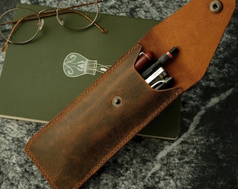 Personalized Leather Pen Case, Full Grain Fountain Pen Holder, Engraved Christmas Gift