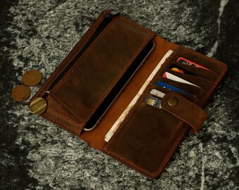 Cartera de cuero para teléfono, cartera con cremallera, monedero, cartera personalizada para teléfono, cartera de cuero personalizada, regalo para el Día del Padre