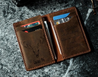 Personalized Full Grain Leather Bifold Wallet, Handmade Slim Card Holder, Engraved Christmas Gift