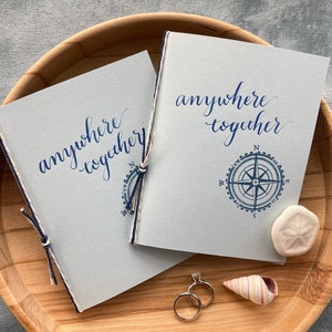 Custom compass rose destination wedding vow books set of 2, adventure awaits wedding keepsake, unique engagement gifts for couple, cruise