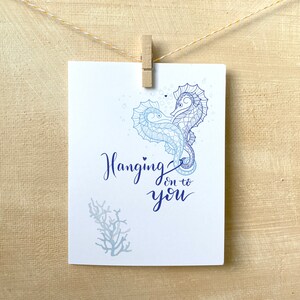 Sea horse art greeting card, underwater sea creature scene, blank inside thinking of you note card, gift for husband, card for my wife