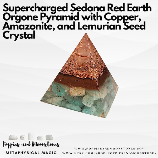 Supercharged Sedona Red Earth Orgone Pyramid with Copper, Amazonite, and Lemurian Seed Crystal