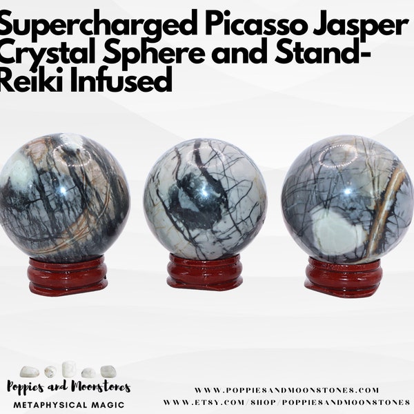 Esfera de cristal Picasso Jasper sobrealimentada y soporte para la integración y la integridad Reiki infundido