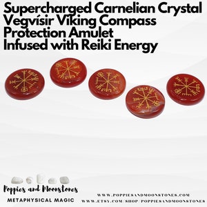 May include: Three carnelian crystal stones with a gold Vegvísir Viking compass etched on each. The stones are on a white surface.  "Supercharged Carnelian Crystal Vegvísir Viking Compass Protection Amulet Infused with Reiki Energy" is written in black text at the top of the image. "Poppies and Moonstones Metaphysical Magic" is written in black text at the bottom of the image.  "WWW.POPPIESANDMOONSTONES.COM WWW.ETSY.COM/SHOP/POPPIESANDMOONSTONES" is written in black text at the bottom of the image.