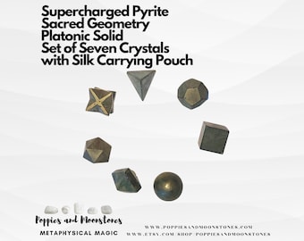 Supercharged Pyrite Sacred Geometry Platonic Solid Set of Seven Crystals with Silk Carrying Pouch