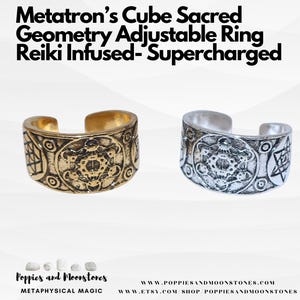 May include: Two adjustable rings with a geometric design. The ring on the left is gold and the ring on the right is silver. Both rings feature a Metatron's Cube design. The rings are labeled "Poppies and Moonstones" and "Metaphysical Magic".