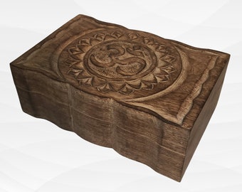 Hand-Carved Wooden Box with Om Symbol