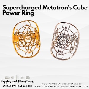 May include: Two gold and silver rings with a geometric design. The rings feature a Metatron's Cube design. The rings are on a white background.  Poppies and Moonstones Metaphysical Magic www.poppiesandmoonstones.com www.etsy.com shop poppiesandmoonstones