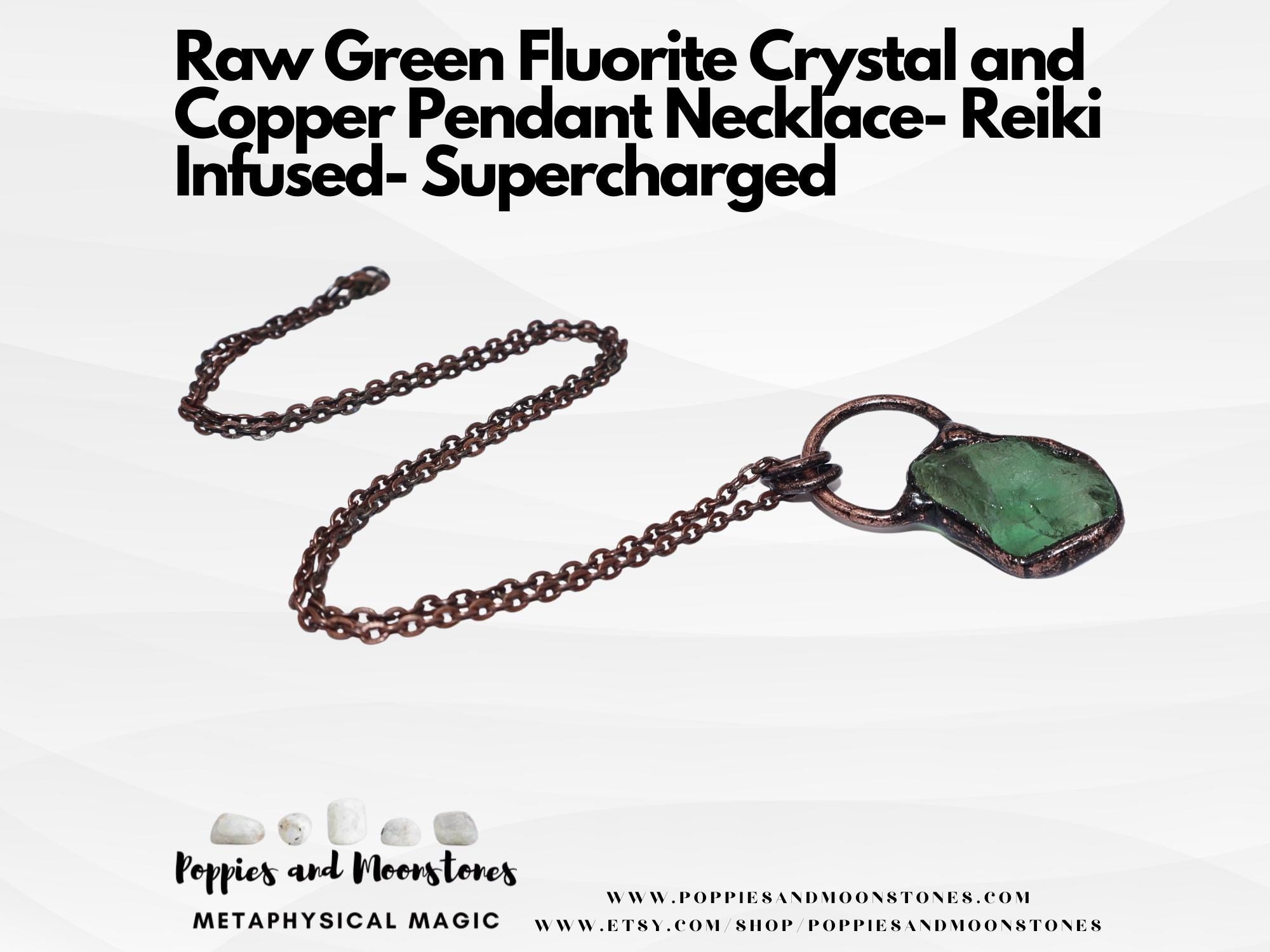 Raw Green Fluorite Crystal and Copper Pendant Necklace- Reiki Infused- Supercharged