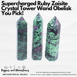 May include: Three green, black, and ruby red zoisite crystal towers, wands, or obelisks.  The crystals are polished and have a faceted shape.  Supercharged Ruby Zoisite Crystal Tower Wand Obelisk You Pick! Poppies and Moonstones Metaphysical Magic www.poppiesandmoonstones.com www.etsy.com shop poppiesandmoonstones