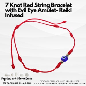May include: Red string bracelet with seven knots and a blue evil eye charm.  The bracelet is made of red string and has a gold bead on either side of the charm.  The text "Poppies and Moonstones" is visible at the bottom of the image.