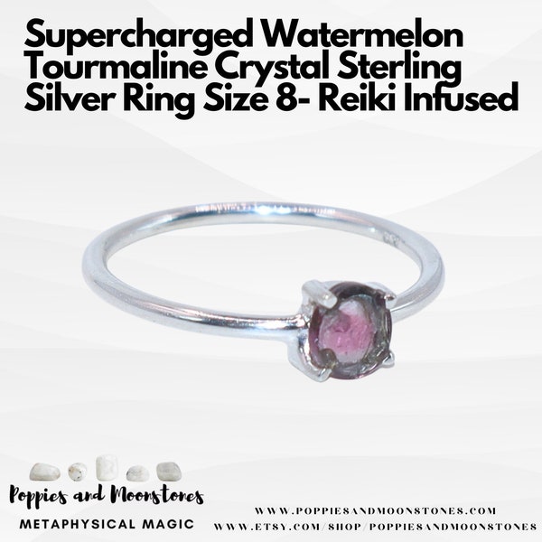 Supercharged Watermelon Tourmaline Crystal Sterling Silver Ring Size 8- Reiki Infused