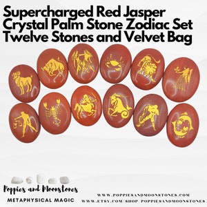 Supercharged Red Jasper Crystal Palm Stone Zodiac Set with Twelve Stones and Velvet Bag