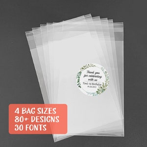 Personalized self-seal Bags with Labels - 3x4in, 4x6in, 5x7in, 6x9in, Wedding Baby Bridal Shower Bachelorette Birthday Graduate Business