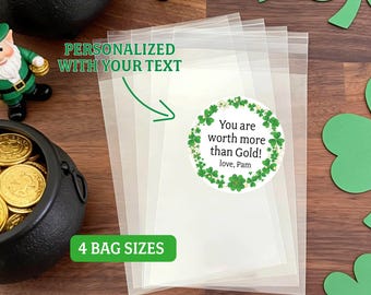Personalized St Patrick’s Day Favor Bags with Custom Name Labels, Classroom Treat Bags, Shamrock Party Goodie Bags, Kids School Favors
