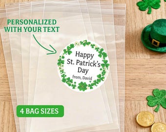 Personalized St Patrick’s Day Favor Bags with Custom Name Labels, Classroom Treat Bags, Shamrock Party Goodie Bags, Kids School Favors