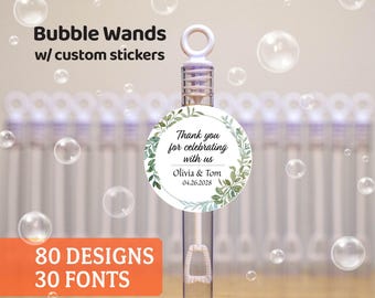 Wedding Mini Bubble Wand Party Favors | Personalized Stickers and Bubble Wands for Guests, Birthday, Bridal Shower, Baby Shower Party