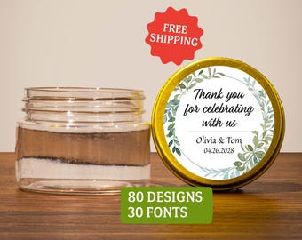 Personalized Candy Jar Favors with Custom Labels, Empty Favor Plastic Jars for Weddings, Showers & Events, 2oz