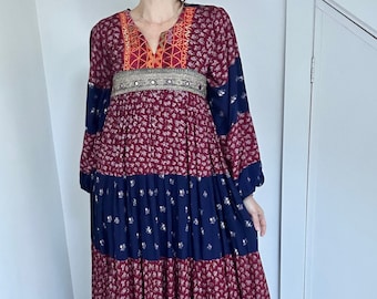 70s balloon sleeve bohemian patchwork dress