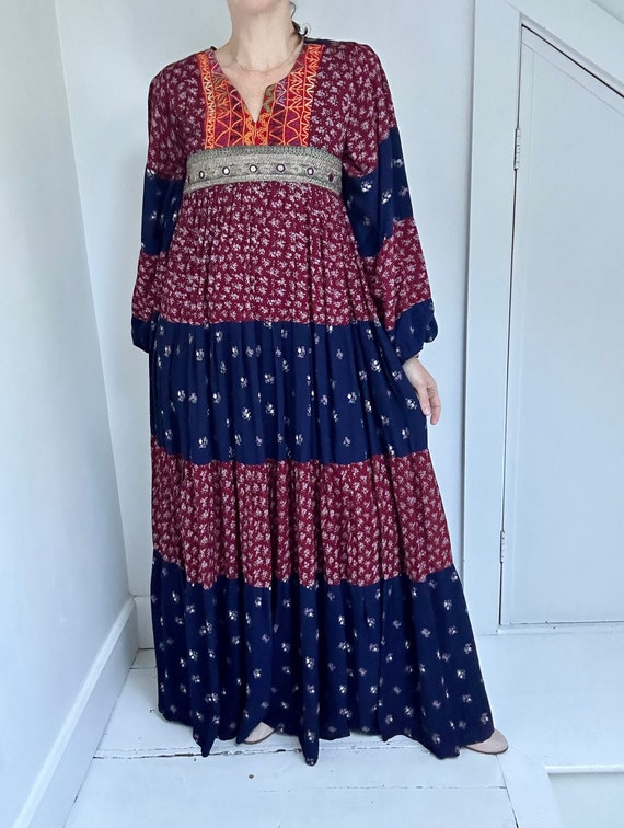 70s balloon sleeve bohemian patchwork dress