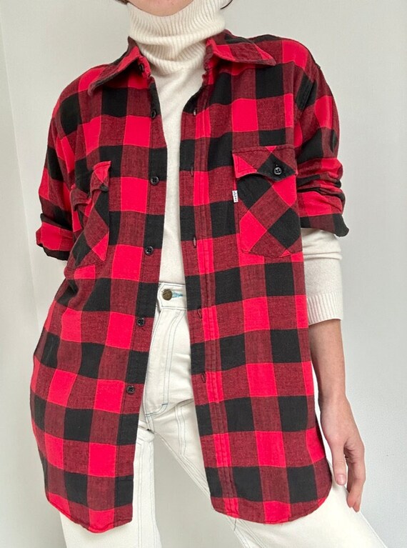 Levi's Buffalo Check Long-Sleeve Flannel Check Shirt, Men's Size L (approx.) cotton Green type dark green Vintage Second Hand