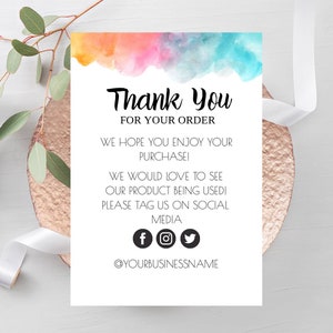 Thank you insert cards custom, Thank you insert cards for small business, Watercolor thank you for your order, Printable insert card