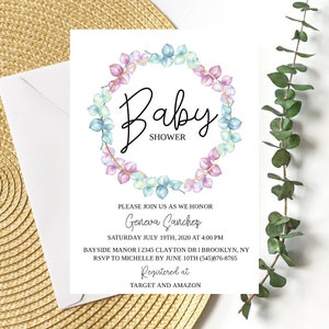 Douche de bébé florale, Invitation de bébé, invitation d’édition, modèle d’invitation d’Eucalyptus, invitation d’eucalyptus rose, douche de bébé