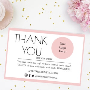 Bestel kaart sjabloon Roze, Business Bedankt kaarten met logo, inserts voor kleine zakelijke verkopers, afdrukbare klant dank u opmerking