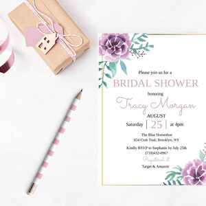 Invitation florale violette, Invitation à la douche nuptiale, Modèle modifiable, Invitation de bricolage, Téléchargement instantané, Templett