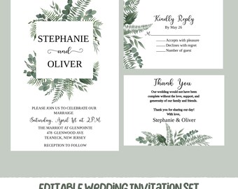 Printable Wedding Invitation Set, Editable Templett Template, Greenery Eucalyptus Invite, RSVP Card, Thank You Card, Instant Download
