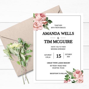 Pink Rose Wedding Invitations, Blush Pink Wedding Invitation, Rose Wedding Invitation Template, Rose Wedding Invitation Suite, Rose Invite