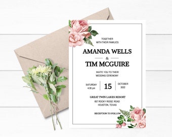 Pink Rose Wedding Invitations, Blush Pink Wedding Invitation, Rose Wedding Invitation Template, Rose Wedding Invitation Suite, Rose Invite