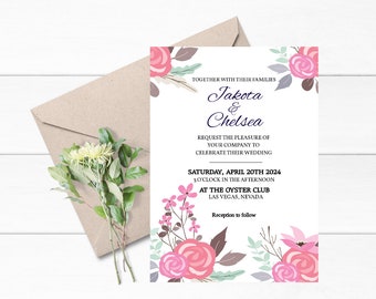 Pink Floral Wedding Invitation Template, Editable Wedding Invitation, Pink Floral Wedding Invitation, Instant Download, Wedding Invitations