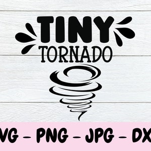 Pode incluir: Design gráfico preto e branco com o texto "Tiny Tornado" e uma imagem estilizada de um tornado.