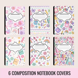 Könnte beinhalten: Sechs Notizhefte mit pastellfarbenen Mustern aus Schulbedarf, Regenbögen, Blumen und Schleifen. Jedes Heft hat ein weißes Etikett in der Mitte mit dem Text COMPOSITION BOOK und leeren Zeilen zum Beschriften auf der Vorderseite des Einbands.
