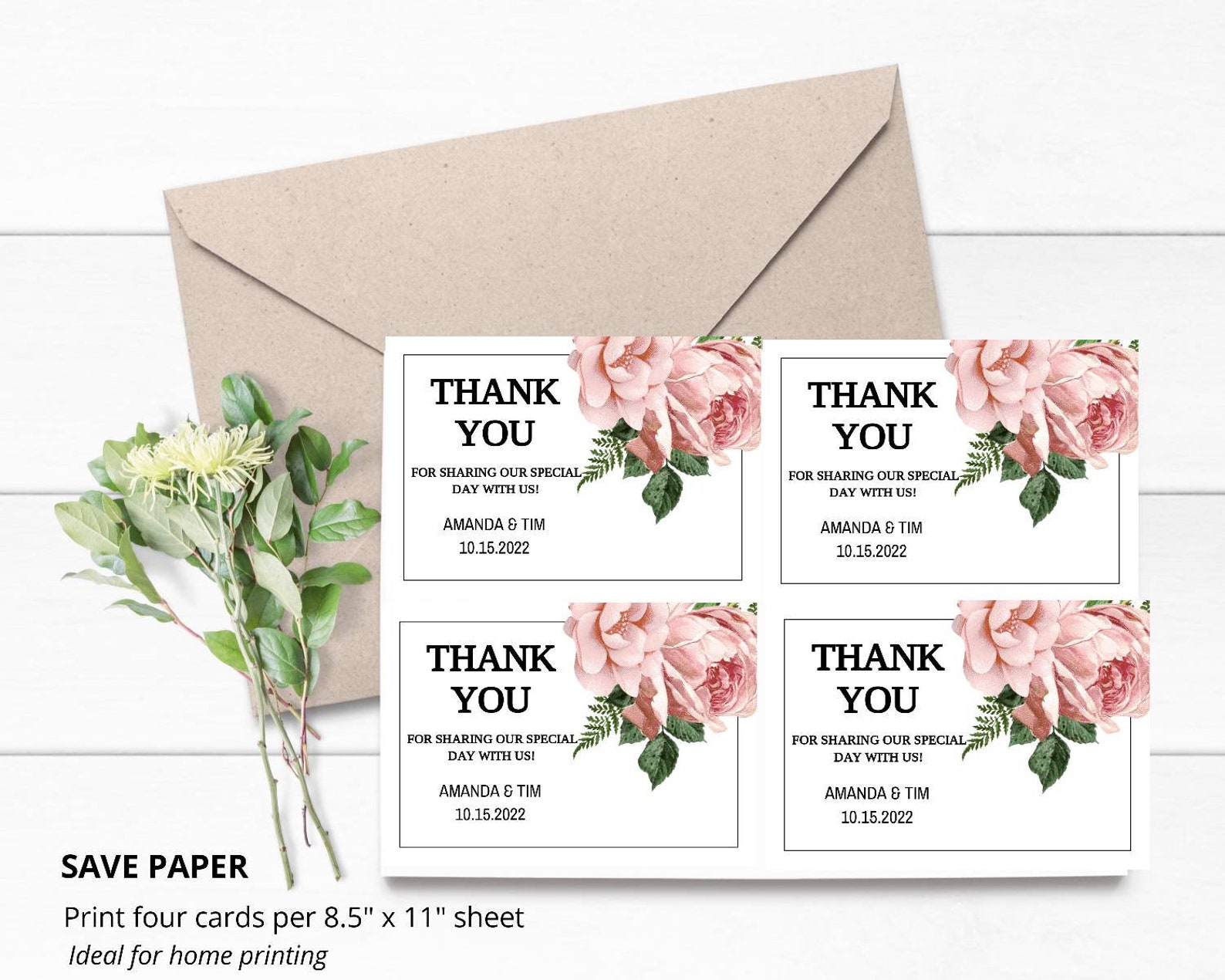 Blush Pink Thank You Cards, Printable Thank You Card Template, Wedding