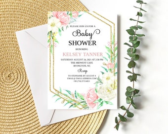 May include: A gold geometric frame with floral accents surrounds a baby shower invitation for Kelsey Tanner. The invitation is set on a white envelope and a woven placemat. The text reads: "Please join us for a Baby Shower Honoring Kelsey Tanner Saturday August 24, 2021 at 2:30 PM The Midwest Cafe Irvington, NC RSVP to Stephanie by August 4 Email@emailaddress.com or (756) 973-6453"