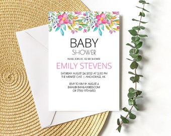 May include: A white baby shower invitation with a floral border. The text reads "Baby Shower" in black, "Please join us as we shower" in black, "Emily Stevens" in pink, "Saturday August 24, 2021 at 2:30 PM" in black, "The Midwest Cafe | Anchorage, AK" in black, "RSVP to Kim by August 4" in black, "EMAIL@EMAILADDRESS.COM" in black, and "OR (756) 973-6453" in black.