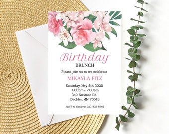 Birthday brunch invitation editable instant download, Pink birthday party invitation template, Editable birthday invite