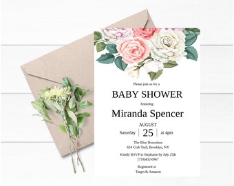 Babyshower-inbjudan med blommönster, Babyshower-inbjudan med blommönster, Duschinbjudningar flicka, Duschinbjudningar bebis, Duschinbjudningar