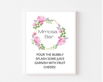 Mimosa bar print, Wedding mimosa bar, Mimosa bar sign, Mimosa bar wedding sign, Pink wedding decorations, Greenery mimosa bar sign