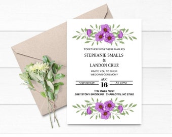 Instant Download, Wedding Invitation Template, Purple floral wedding invitation, Printable Wedding Invitation, Editable Floral Invitation