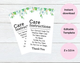 Printable Wash Instructions, How to care for, T-shirt,  Small business Care Card Printable, Tshirt packaging, Clothing Care Template