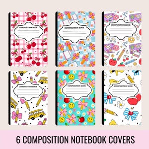 Notebook Cover Template Bundle, Editable Composition Book Cover, Printable Back to School Cover, Cute Cherry Bow Daisy Notebook Design