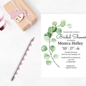 Greenery Bridal Shower Invitation Template, Printable Bridal Shower Invitation Card, Editable, Eucalyptus, Templett, Instant Download