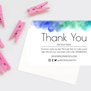 Modern watercolor Business Thank You Insert card,  Modern Insert Card Template, Packaging,  Watercolor Thank You For Your Order, EDITABLE